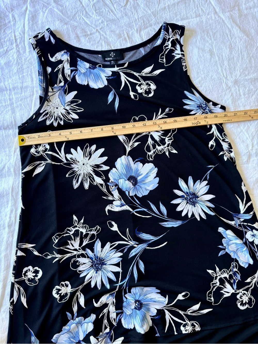 Ronni Nicole XL Black Blue Floral Midi Dress Sleeveless Stretch Swing Flounce He - Picture 5 of 10